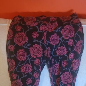 Torrid Black Pants with Muted Red Floral Design